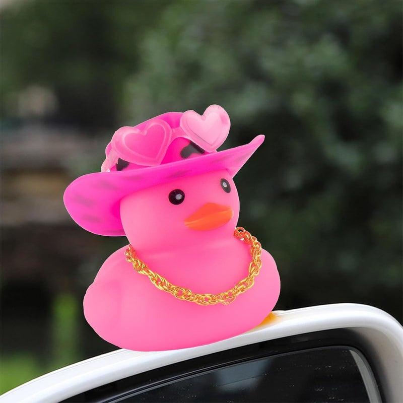 wonuu Car Cowboy Rubber Ducks, Dashboard Decorations Pink Duck for Car Ornament Accessories with Hat Heart Glasses Chain, Pink Black - Image 2